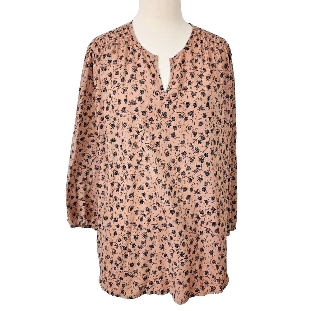 Monday Fun Women’s Plus 2X Brown Black Floral Blouse V-Neck Flowy Semi Sheer